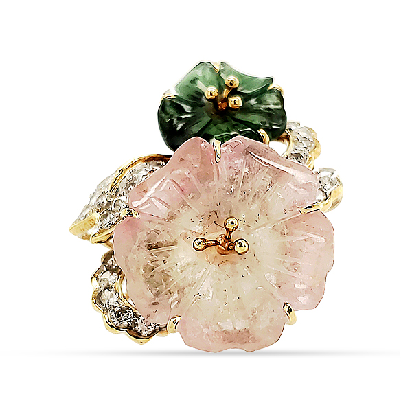 CARVED TOURMALINE AND ROSE QUARTZ DIAMOND RING