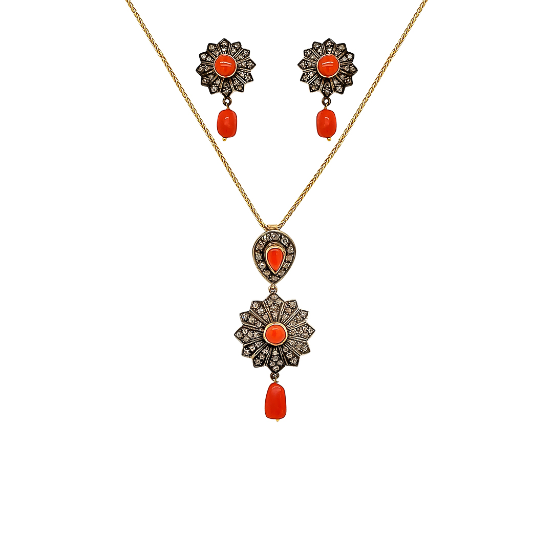 CORAL AND DIAMOND EARRING AND PENDANT SET