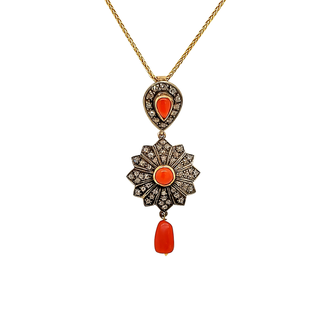 CORAL AND DIAMOND EARRING AND PENDANT SET