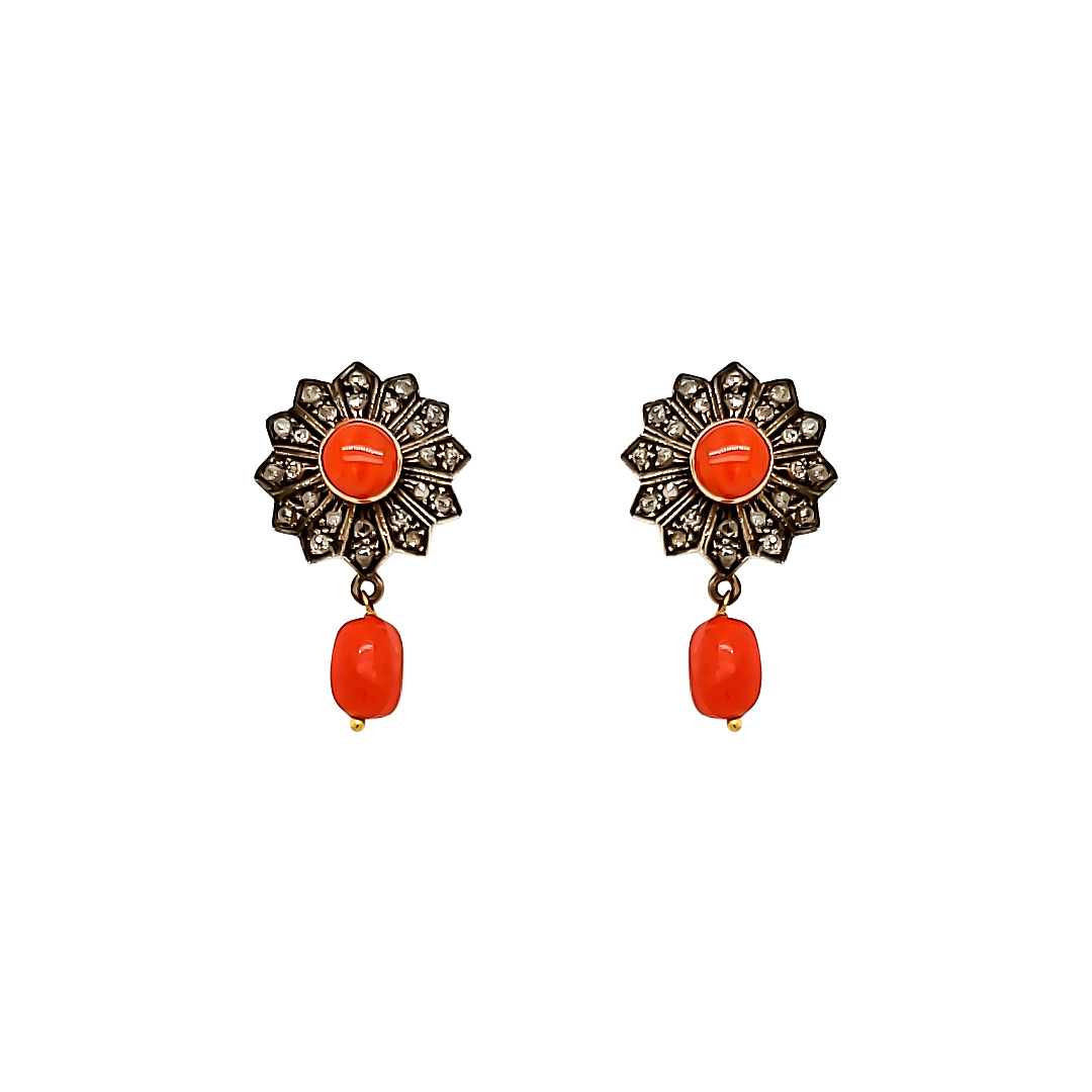 CORAL AND DIAMOND PENDANT AND EARRINGS