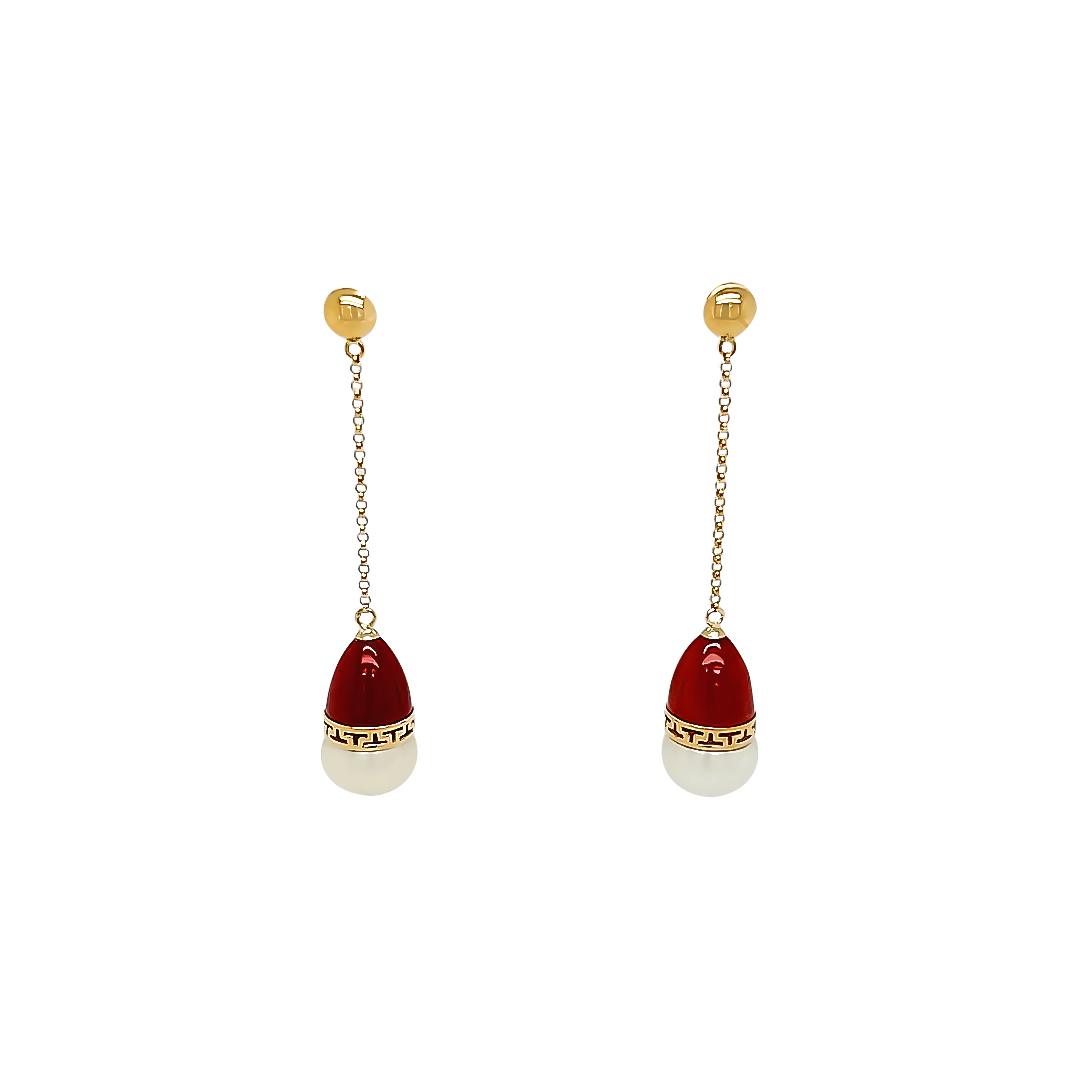 WHITE PEARL AND RED JADE EARRINGS