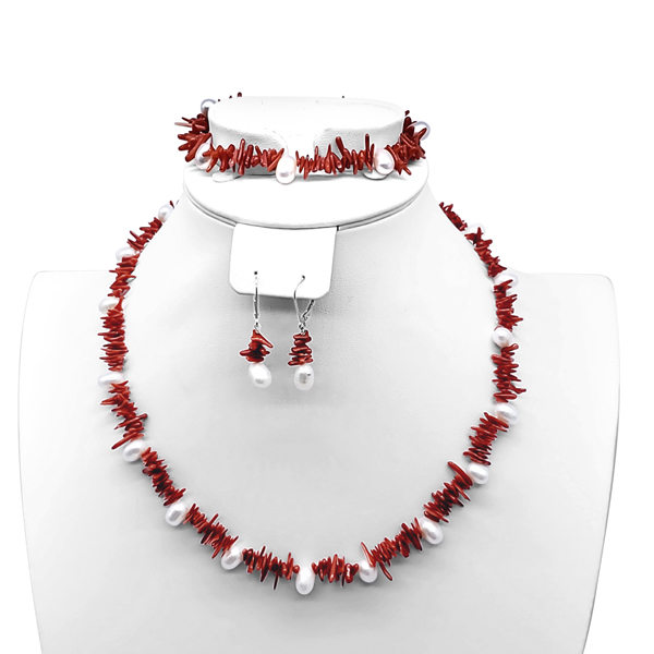 RED CORAL AND PEARL NECKLACE, BRACELET AND EARRING SET