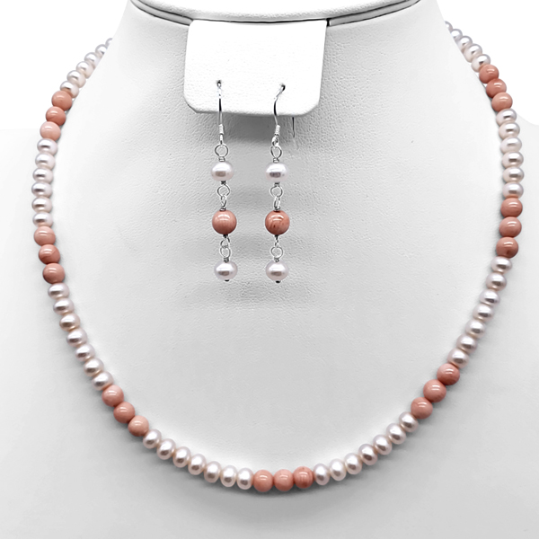 PINK PEARL AND PINK CORAL NECKLACE AND EARRING SET